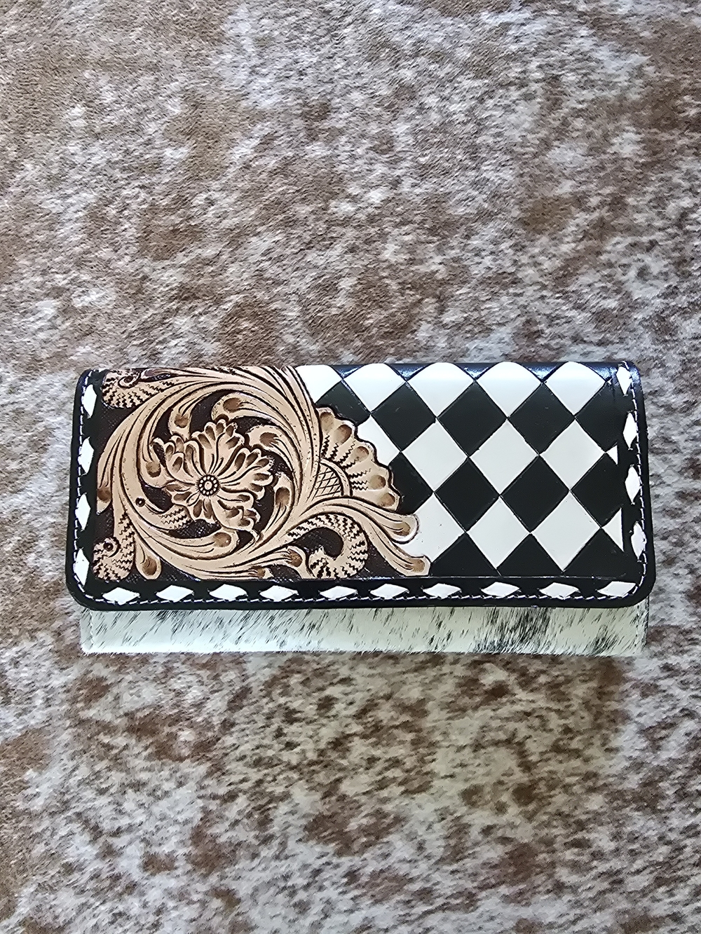 Black & White Checkered Wallet with Tan Floral Tooling
